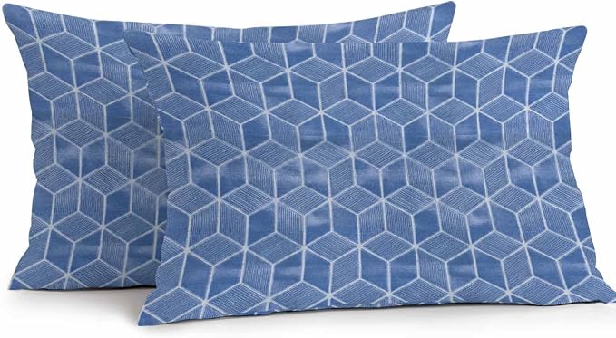Blue Honeycomb Tiling Waterproof Outdoor Pillow Covers Set of 2 Home Decor, Wooden Grain Blocks Lumbar Pillowcase Patio Pillow Covers for Couch Bench Patio Furniture Garden 20x12in