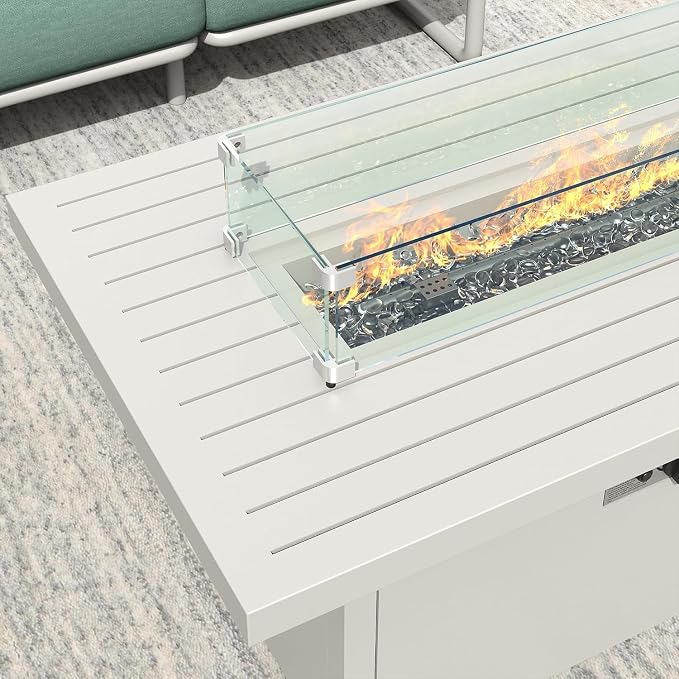 5-Seat Aluminum Patio Conversation Set, Modern Outdoor Sofa with Oversized Fire Pit Table (Glass Wind Guard), 6.5" Thick Cushions, All-Weather for Balcony, Garden (White)