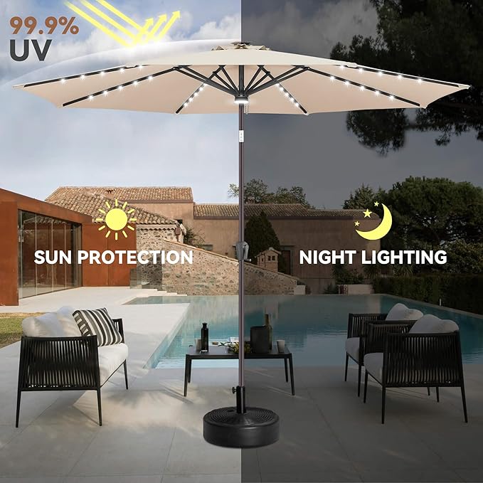 10ft Solar Umbrella Outdoor - Lighted Solar Patio Umbrella with 40 LED Lights Waterproof UV Protection, Table Umbrella with Tilt for Pool, Porch, Garden, Deck, Backyard (Beige)