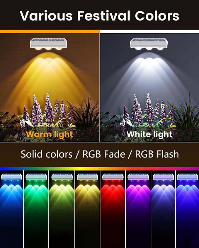 JOFIOS Solar Fence Lights Outdoor Waterproof Led, 12Pack,1300mAh,6 Inch Solar Lights for Fence with Warm White & RGB 8 Colors,Outdoor Solar Lights for Patio, Backyard, Deck, Railing (White)