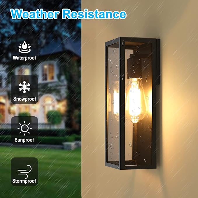 VerRon Outdoor Black Wall Light Fixtures, Modern Exterior Wall Lanterns | Anti-Rust E26 Modern Lighting Fixtures Waterproof with Clear Glass Shades for Patio Garage Entryway Front Door, 2-Pack