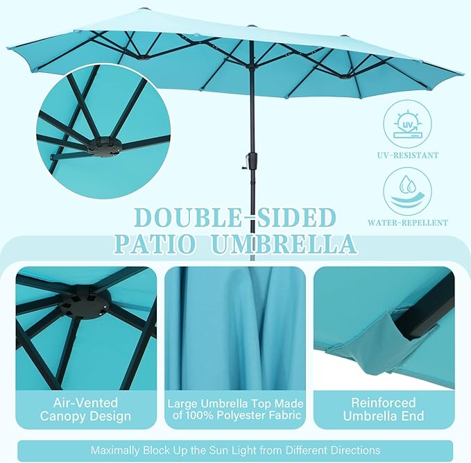 13 ft Patio Umbrella with Base, Large Rectangle Outdoor Umbrella with Matching Stand, Strap, Crank, Blue