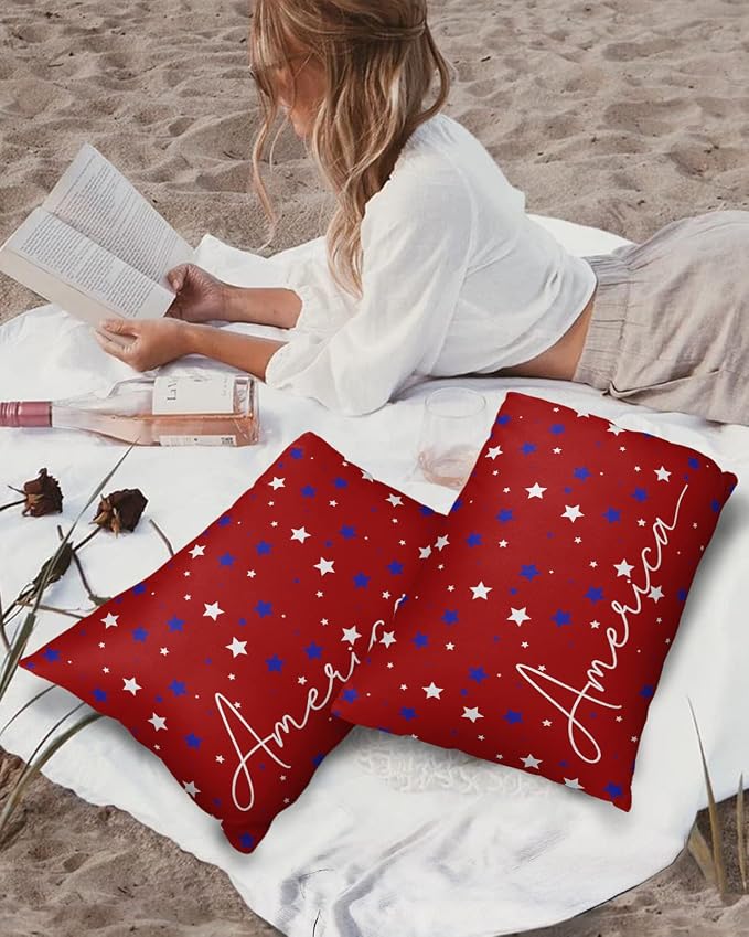 Pentagram Outdoor Pillow Shams Set of 2, Decorative Pillowcases Cushion Case, Soft Throw Pillow Covers Waterproof Pillow Case 20x12 Inch, American Patriotic Stars Red Blue