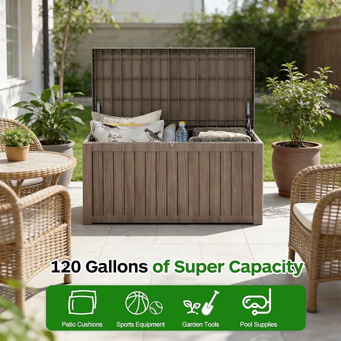 FEFLO 120 Gallon Resin Desk Boxes, Lockable Outdoor Storage Box | IP54 Weatherproof Package Delivery Boxes for Furniture, Toy, Shoe, Garden & Patio Tools Storage Outside - Brown