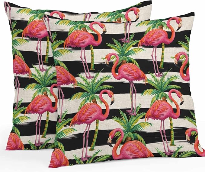Pink Flamingo Outdoor Pillow Covers 26x26 Inch Throw Pillow Covers Set of 2 Waterproof Decorative Pillow Cases Palm Leaf Black Striped Tropical Plant Cushion Covers for Patio Furniture Garden Couch