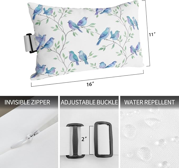 Outdoor Pillow for Chaise Lounge Chair Modern Watercolor Bird Tree Branch Headrest Pillow with Adjustable Elastic Strap Set of 1,11x16 inch, Botanical Leaves Blue Birds Head Pillows for Patio Pool
