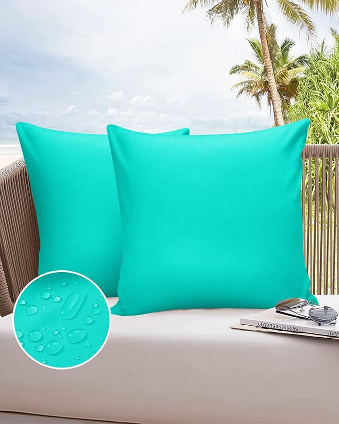 Outdoor Waterproof Throw Pillow Covers Set of 2 Teal Green Pattern Pillowcases 16x16 Inches Pure Colour Patio Decorative Pillows Cushion Case Patio Pillows for Couch Bed Chair Garden