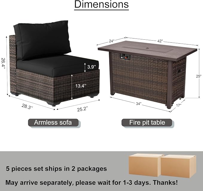 5 Pieces Patio Furniture Set with 42" Fire Pit Table, Outdoor Patio Sectional Sofa, Wicker Rattan Conversation Set, Black
