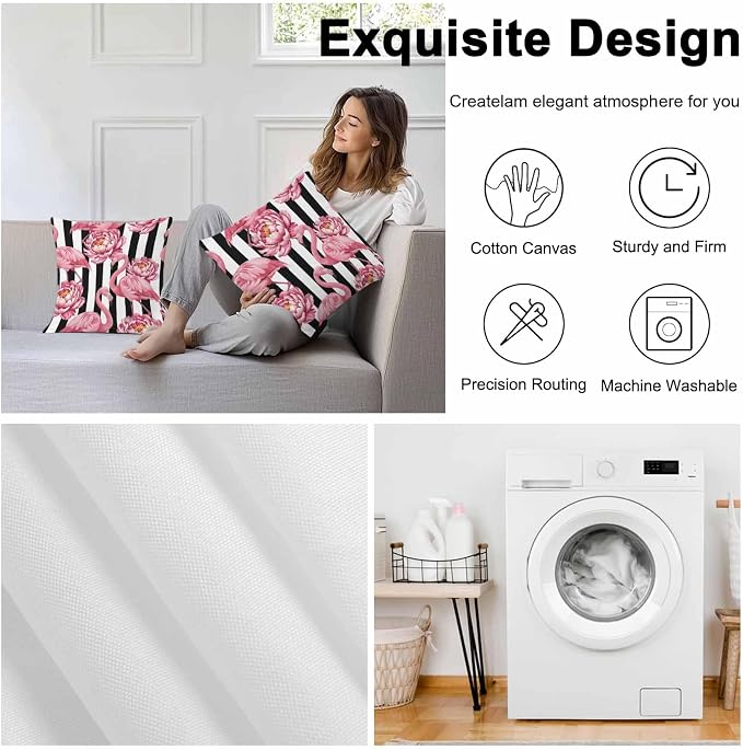 Pink Flamingos and Flowers with Black and White Stripe Outdoor Pillow Cover 26x26 Inch Cushion Sham Case, Waterproof Decorative Square Throw Pillowcase for Outside Garden Patio Porch Couch Chair Tent