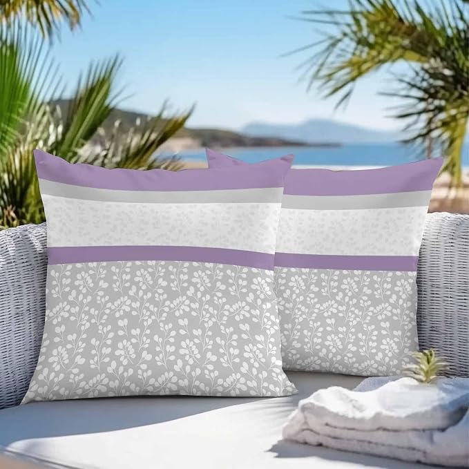 Purple Grey Stripe Stitching Outdoor Pillow Covers 18x18in Pack of 2 Waterproof Pillowcase Rustic Pastoral Flwoer Decorative Throw Cushion Case for Patio Couch Sofa