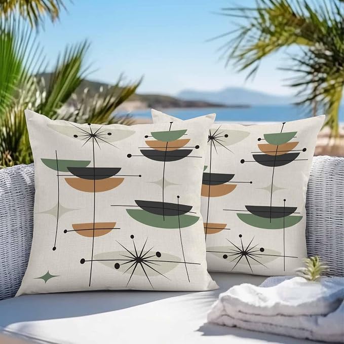 Vandarllin Outdoor Throw Pillows Covers 16x16 inch Set of 2 Waterproof Boho Mid Century Decorative Zippered Cushion Covers for Patio Furniture, Green Orange Geometric Abstract Lumbar Pillowcases