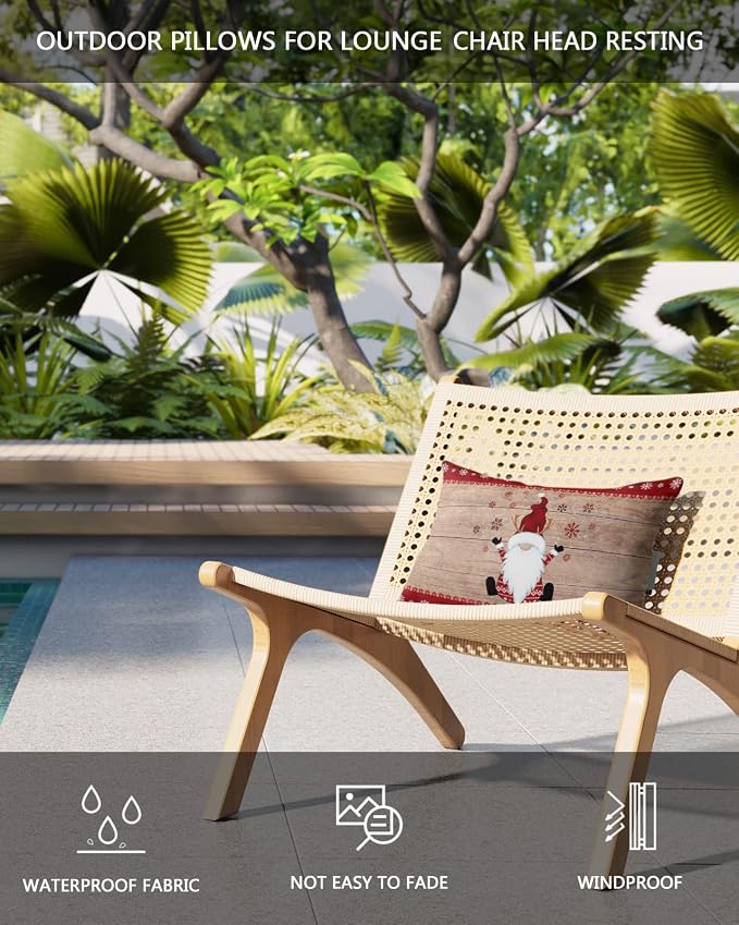 Outdoor Pillows Covers with Inserts Merry Christmas Gnome Xmas Elf on Rustic Wood Grain Waterproof Pillow with Adjustable Strap Throw Pillows for Patio Furniture Recliner Lounge Chair, 11" x 16", 1PCS