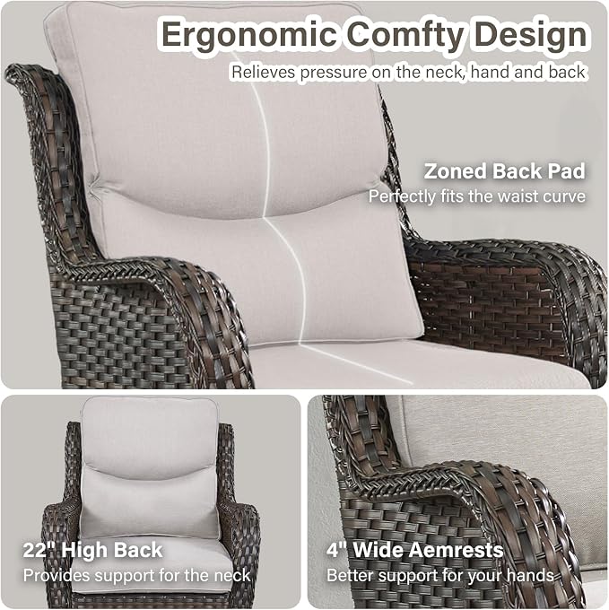 Outdoor Swivel Rocker Patio Chairs with 2 Ottomans - 5" Thick Cushion 4 Piece Furniture Set All Weather Comfortable Wicker Conversation Set for Porch Poolside and Deck - Brown/Beige