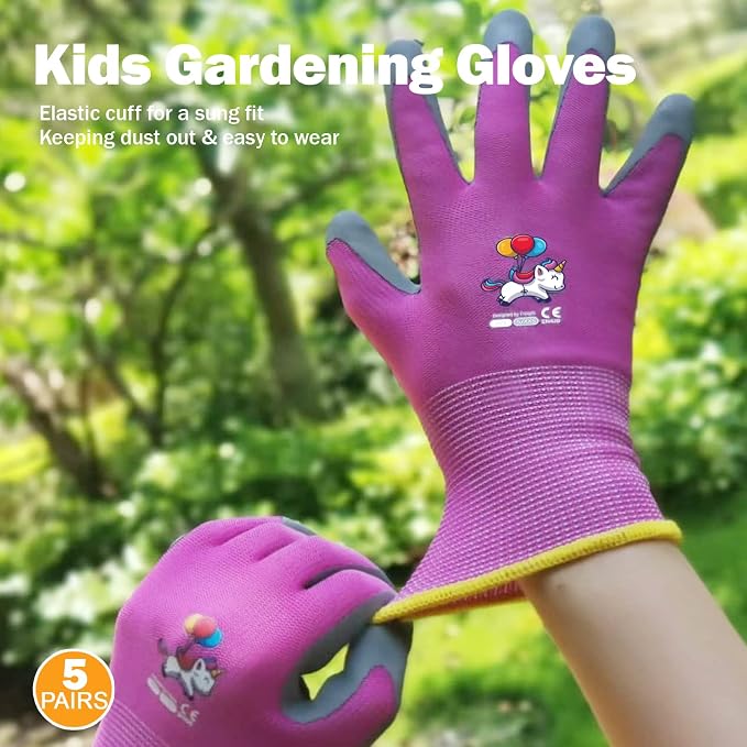 KDK 5 Pairs Kids Gardening Gloves Yard Work Gloves Children Soft Safety Rubber Coated Glove for Toddlers Youth Girls Boys Children (3-5yr S)