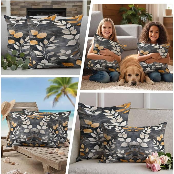 Vintage Leaves Waterproof Outdoor Pillow Covers Set of 2 Home Decor, Vintage Botanical Leaf Plants Branches Pillowcase Patio Pillow Covers for Couch Bench Furniture Garden 20x12in