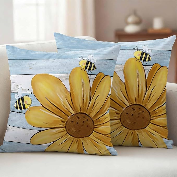 Daisy Flower Honeybees Outdoor Pillow Covers Set of 2 Yellow Farmhouse Floral Blue Wood Grain Waterproof Throw Pillow Cover Decorative Cushion Cases for Patio Porch Garden 24X24 Inch