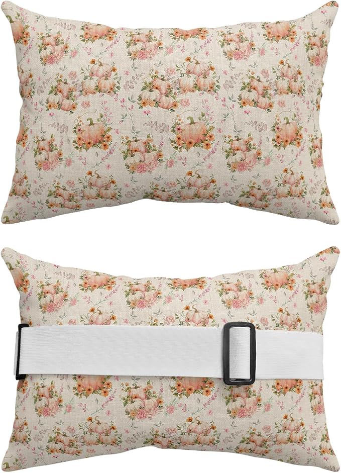 Outdoor Pillows Covers with Inserts Fall Thanksgiving Vintahe Pumpkins Eucalyptus Fall Waterproof Pillow with Adjustable Strap Throw Pillows for Patio Furniture Recliner Lounge Chair, 12x20 inch, 2PCS