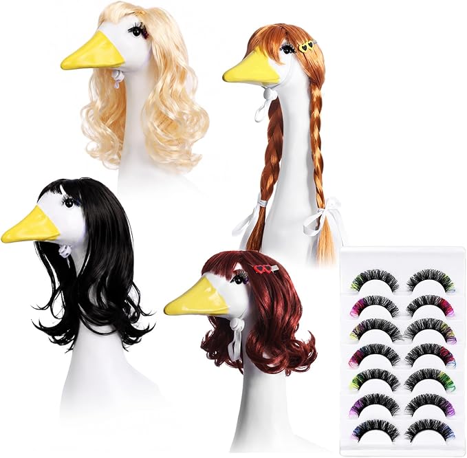 4Pcs Porch Goose Wigs Set Porch Goose Outfits Accessories for Outdoor Statue Accessories Garden Patio Yard Goosey Decoration (4pcs Set with False Lashes)