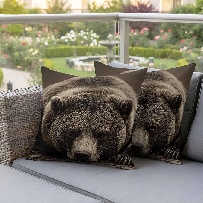 Waterproof Pillow Covers Set of 2,Rustic Brown Grizzly Bear Outdoor Pillow Protectors with Zipper Pillowcases for Patio Tent Garden Beach 24x24 Inches Abstract Forest Wildlife Animal