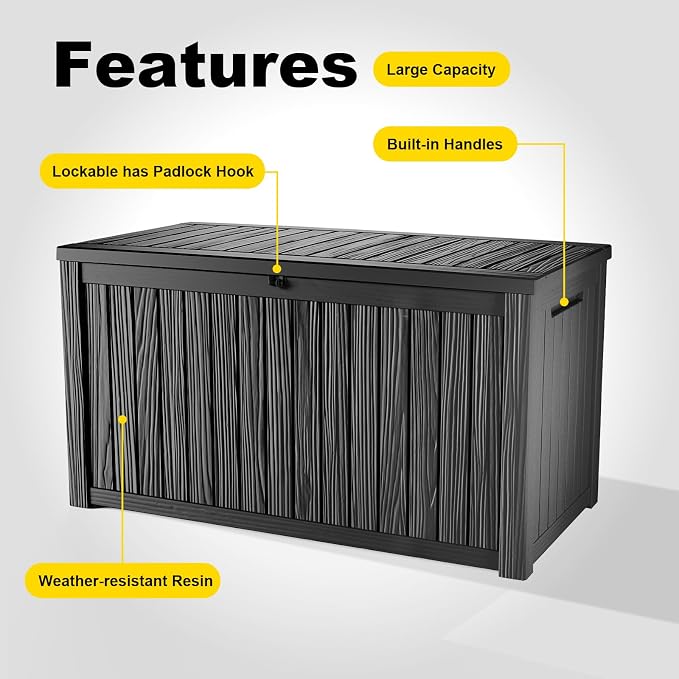 200 Gallon Waterproof Outdoor Storage Box, UV Resistant Resin Deck Box with Hydraulic Rod for Reinforced Stability, Perfect for Patio, Garden, and Pool（Black，200 Gallon）