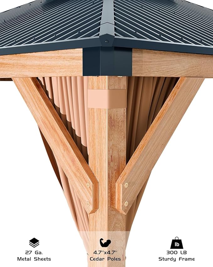 Hardtop Spruce Wood Gazebo 10'x10', with Double Roof of Metal Sheets, 4.7'' Heavy Duty Poles, Net, and Curtain, Permanent Building for Patio, Deck, Backyard, Lawn, and Garden, Khaki
