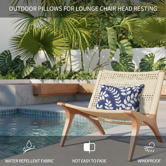 Outdoor Lumbar Pillow Set of 1, Indigo Leaves Waterproof Beach Headrest Pillow with Inserts, Farmhouse Botanical Leaf Branch Vintage Modern Recliner Throw Pillows for Patio Furniture, 11 x 16