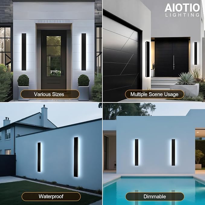 23.6in Modern Outdoor Wall Light,AioTio Upgraded 4.72in Wide Outdoor Wall Sconce,Dimmable Waterproof IP65 Long LED Linear Black Garage Lights,Exterior Wall Lighting fixtures for House,Front Door,Porch