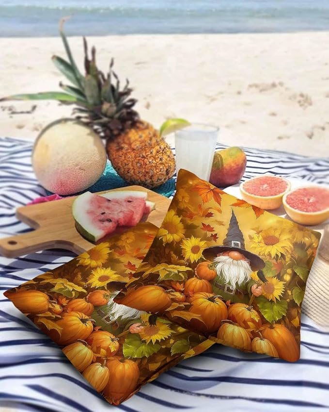 Outdoor Waterproof Throw Pillow Covers 24x24in, Fall Harvest Pumpkins Gnome Cushions for Garden Patio Furniture Chairs Set of 2, Thanksgiving Sunflowers Home Decor Couch Sofa Polyester Pillow Cases