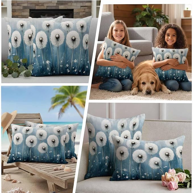 Spring Floral Waterproof Outdoor Pillow Covers Set of 2 Home Decor, Whit Blue Oil Painting Pastoral Pillowcase Patio Pillow Covers for Couch Bench Furniture Garden 26x26in