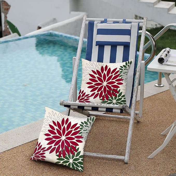 DFXSZ Outdoor Waterproof Pillow Covers 18x18 Set of 2 Red Dark Green Flower | Spring Summer Waterproof Flower Throw Pillowcases（No Inserts）Decor for Christmas Patio Funiture Garden Polyester Covers