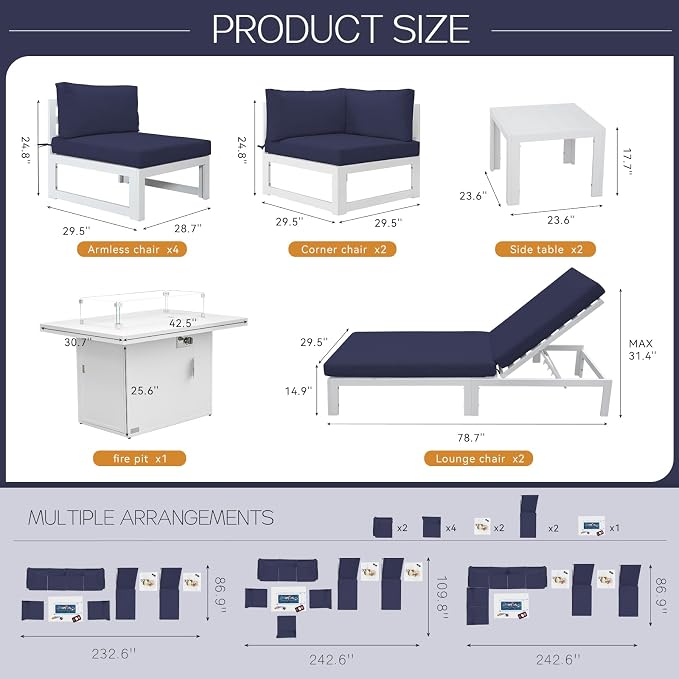 BULEXYARD 11 Pcs Oversized Contemporary Aluminum Patio Furniture Set, All Weather Modular Sectional Sofa with Tanning Chair & Fireplace, 500 lbs Heavy Duty Comfy Outdoor Couch for Beach, Dark Blue