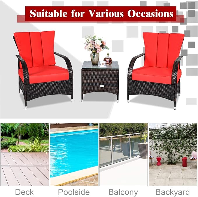 Tangkula 3-Piece Patio Conversation Set, Outdoor Wicker Furniture Set, Rattan Coffee Table & Chairs Set with Cushions, Outdoor Conversation Set for Garden Balcony Backyard (Red)