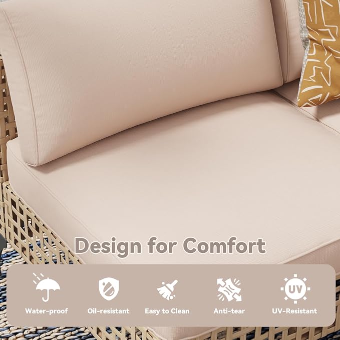 AECOJOY 7-Piece Patio Outdoor Furniture Set with Tea Table, Boho Outdoor Sectional Furniture Sofa PE Rattan Wicker Conversation Set, Light Brown Rattan&Beige Cushions
