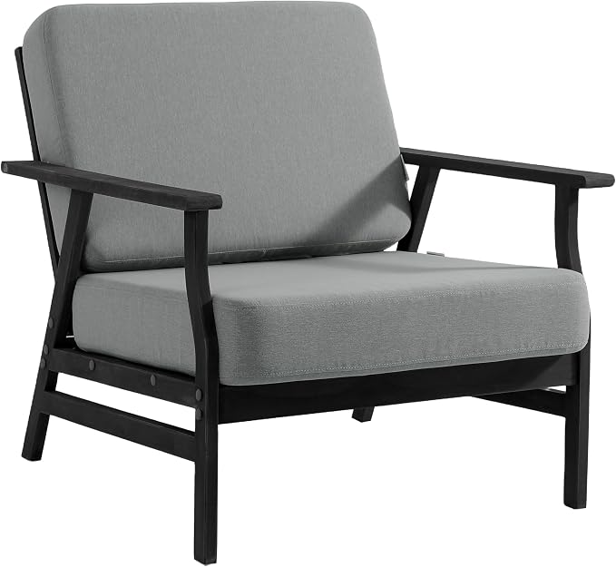 3 Piece Wood Patio Chair Outdoor Bistro Set, Outdoor Armchair All Weather Patio Sofa Furniture Backyard Conversation Sets with Dark Wooden Side Table, Grey