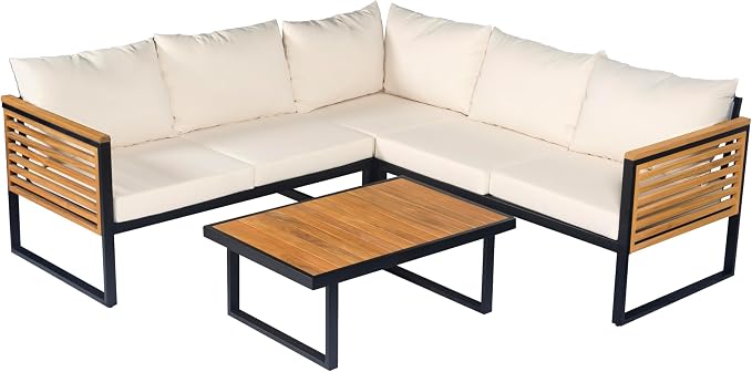 JIVOIT Outdoor Patio Furniture Set, 4-Piece Acacia Wood and Metal Patio Sofa Corner Set with Coffee Table, Modern Conversation Set for Backyard Porch Garden Balcony