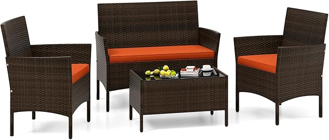 4 Piece Patio Furniture Set, Sectional Conversation Sofa Set with Glass Coffee Table, Cushions & Loveseat, Wicker Outdoor Table and Chairs for Pool, Garden, Deck, Backyard (1, Orange)