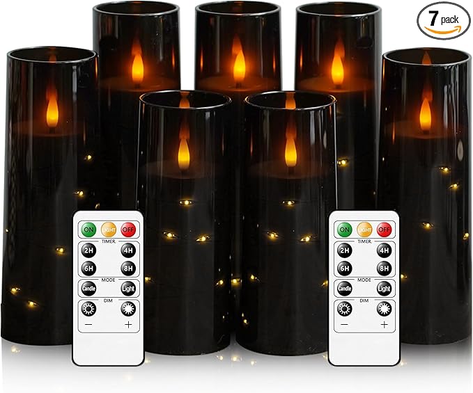 Eebuss Flameless Candles with Embedded Star String, Battery Operated LED Pillar Candles with Timer and Remote Control,Home Decorating for Ambiance， Set of 7(Black)