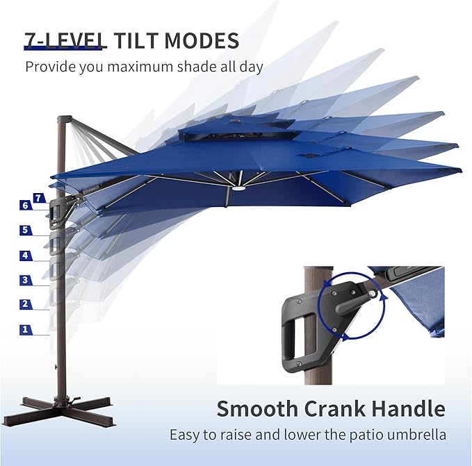 JZAC & QZYD 9x12 FT Outdoor Cantilever Patio Umbrella with LED Lights, Large Heavy Duty 2-Tier Aluminum Offset Umbrellas with 360-Degree Rotation for Pool Deck, Navy