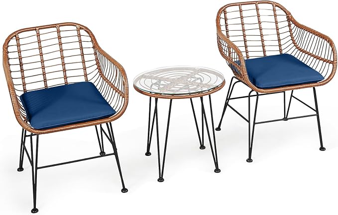 DORTALA 3 Piece Patio Bistro Set, Outdoor Wicker Furniture with Round Tempered Glass Top Table & 2 Rattan Armchairs, Cushions, Conversation Set for Porch, Backyard, Garden, Navy