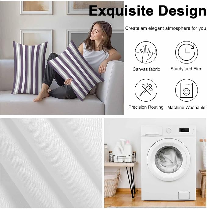 Lumbar Pillow Covers 20x12 Inch Set of 2, Purple Grey Stripe Waterproof Outdoor Pillow Covers, Minimalist Farmhouse Striped Decorative Cushion Pillowcases for Couch, Sofa, Bed, Garden, Patio