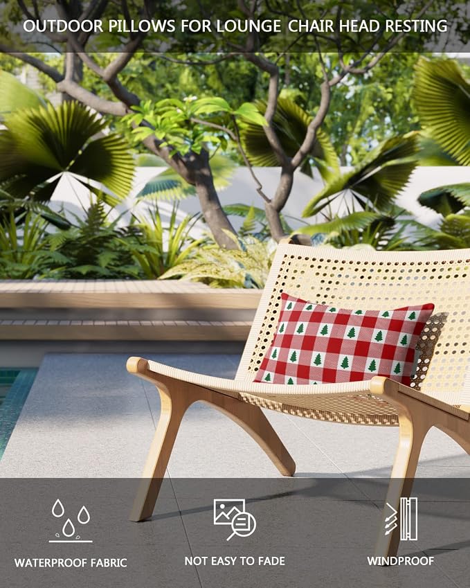 Outdoor Pillows Covers with Inserts Christmas Tree Red Buffalo Plaid Waterproof Recliner Pillow with Adjustable Strap Throw Pillows for Patio Furniture Pool Lounge Chair, 11x16 inch, 2PCS