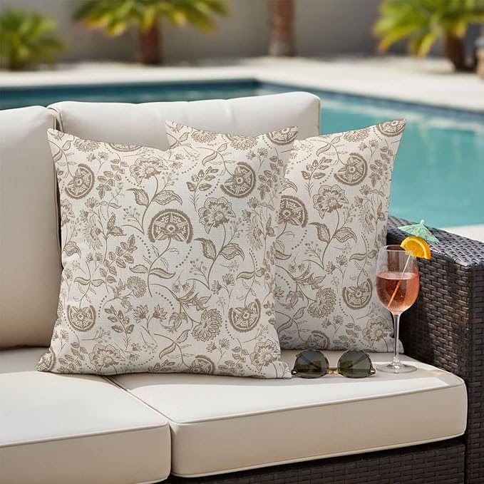 Outdoor Pillow Covers 18x18 Set of 2, Khaki Fruit Waterproof Patio Throw Pillow Covers for Couch Sofa Chair, Country Retro Floral Botanical Plant Decorative Pillowcases for Throw Pillows