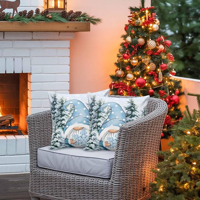 Christmas Gnome Outdoor Pillow Covers Set of 2, Xmas Blue Snowflake Decorative Waterproof Throw Pillowcase Winter Snowy Pine Forest Cotton Linen Soft Cozy Cushion Cover Pillowsham 16x16In