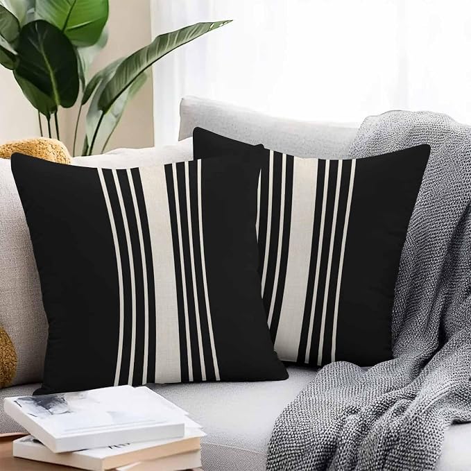 Outdoor Waterproof Pillows Cover Pack of 2 Modern Black Striped Burlap Texture Decorative Pillowcases with Zipper Cushion Case for Patio Tent Couch Garden 16 x 16 Inches