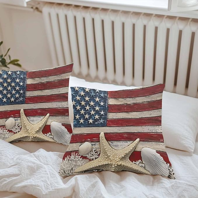 Coastal American Flag Outdoor Waterproof Throw Pillow Covers 26x26 Set of 2, Starfish Shell Vintage Decorative Pillowcases Cushion Pillowcase for Couch Sofa Patio Outside Pillow Protector