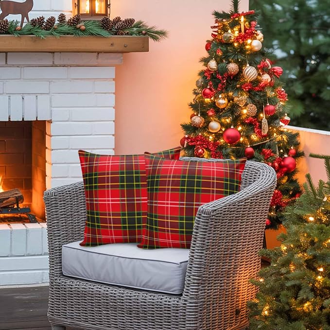 Outdoor Waterproof Throw Pillow Covers, Merry Christmas Red and Green Gingham Tartan Plaid Vintage Farmhouse Decor Pillowcases Cushion Covers Cases for Patio Couch Bench, Pack of 2 Square, 16X16 Inch