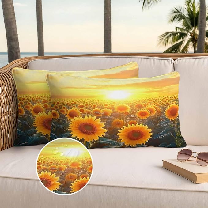 Summer Sunflower Waterproof Outdoor Pillow Covers Set of 2 Home Decor, Watercolor Pastoral Botanical Floral Pillowcase Patio Pillow Covers for Couch Bench Furniture Garden 20x12in