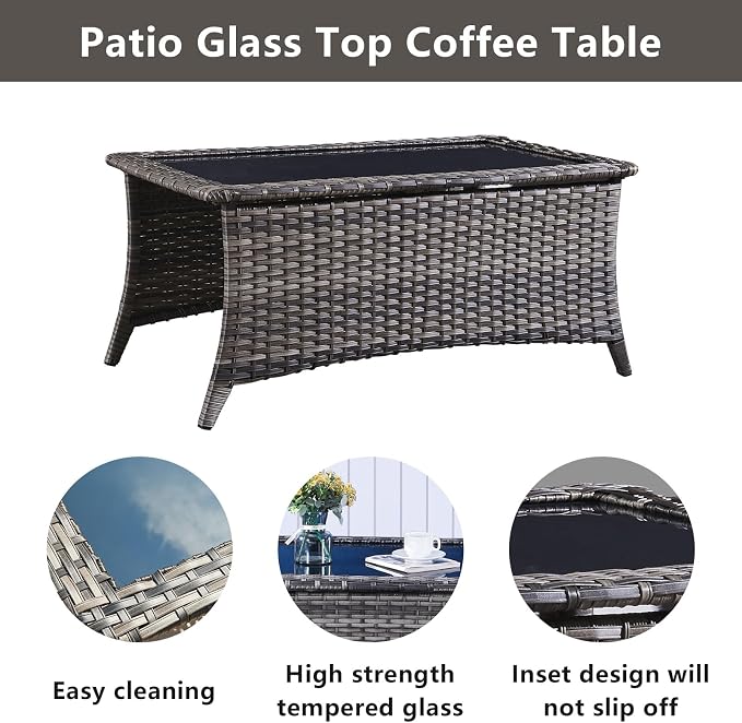 Belord Wicker Outdoor Furniture Patio Furniture Set - 6 Piece Patio Conversation Set with Swivel Rocker Chairs, Rattan Sofa, Ottomans and Coffee Table, Blue Cushion
