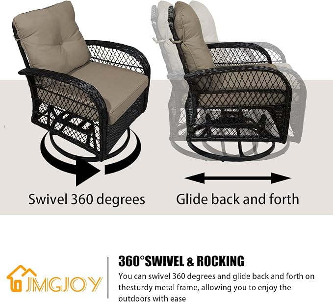Outdoor Swivel Rocker Patio Chairs with Cushions，Outdoor Swivel Rocking Chairs Set of 2 with Rattan Side Table，360 Degree Swivel Seat Patio Furniture Set for Outside Porch Deck，3 Pieces