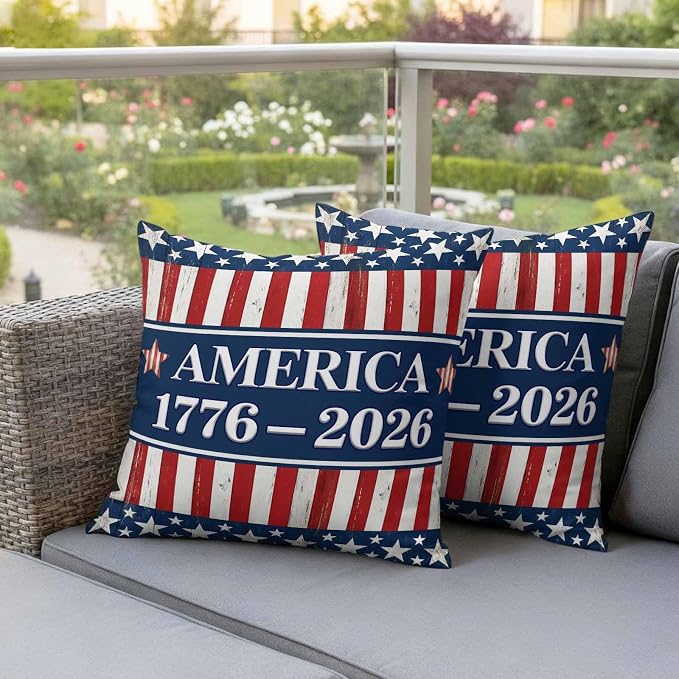 Outdoor Pillow Covers Waterproof, 250 Year American Anniversary Flag Decorative Square Throw Pillowcases Patio Cushion Covers for Tent/Garden, 20" x 20" 2 Pack, Blue Red USA